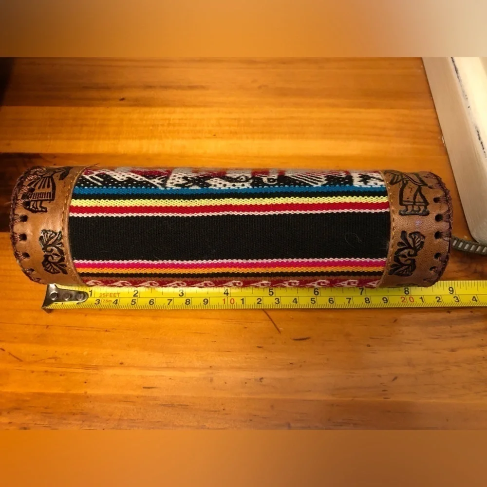 Boho Peruvian Leather Cylinder Pouch with Llama/Geometric Tooled Art